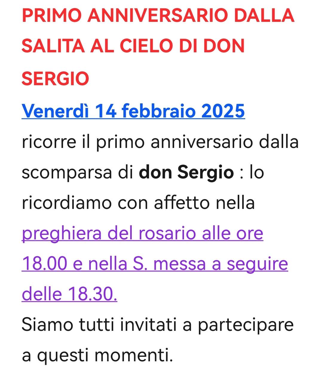 14 Febbraio 2025 – ad 1 anno dalla Salita al cielo di Don Sergio